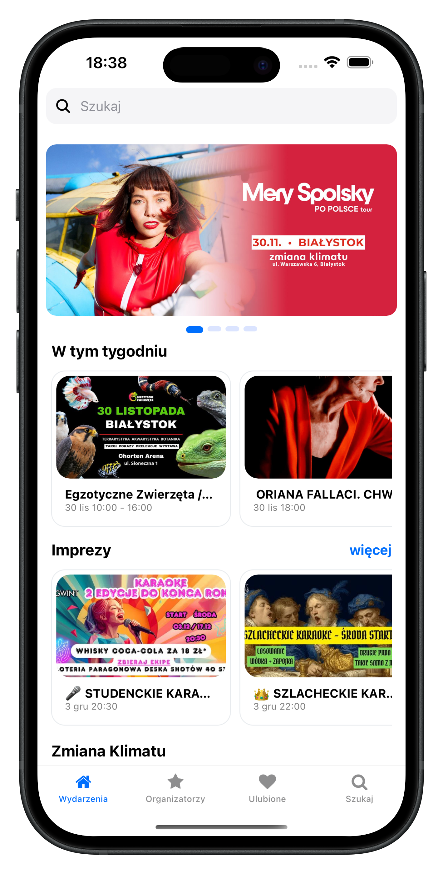 Aplikacja Śledź Białystok - ekran główny z wydarzeniami